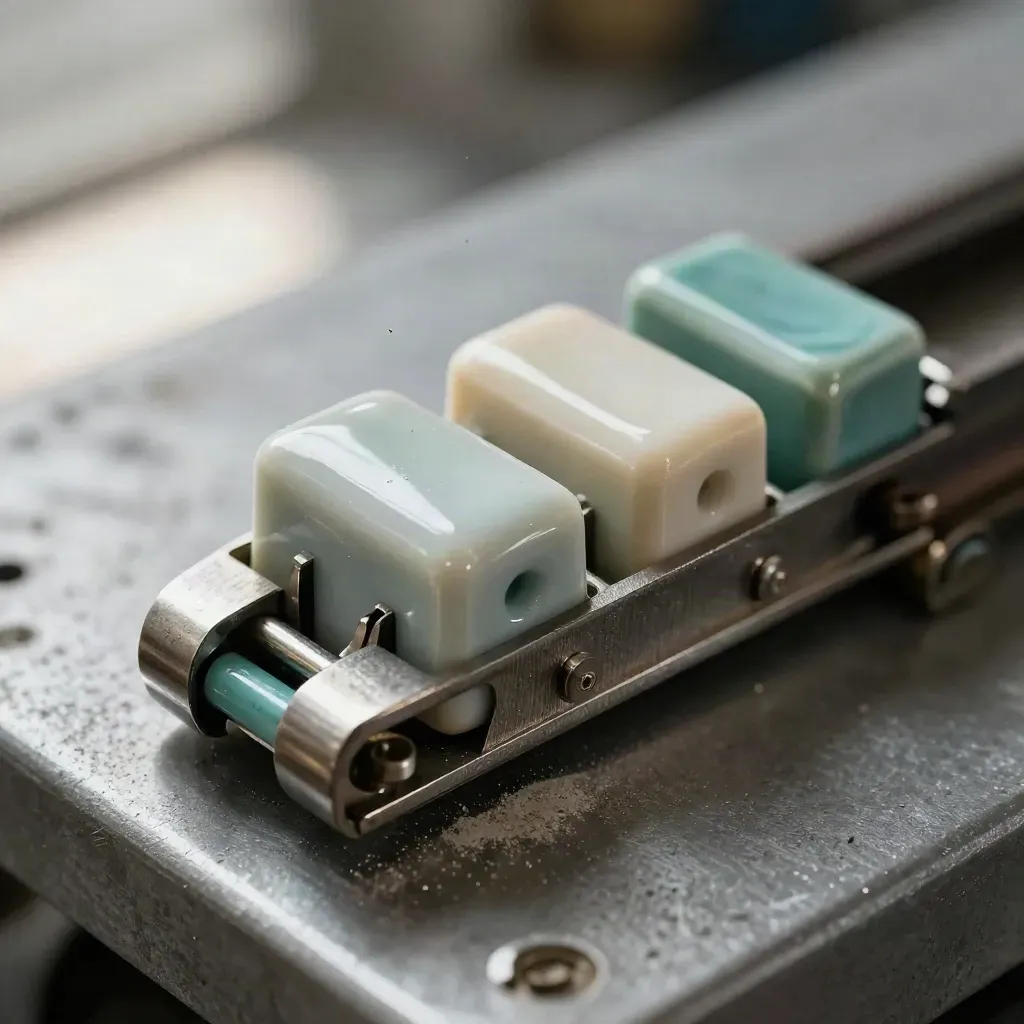 Macro rail hardware cluster with ceramic insulator and relay housing on a graphite bench.