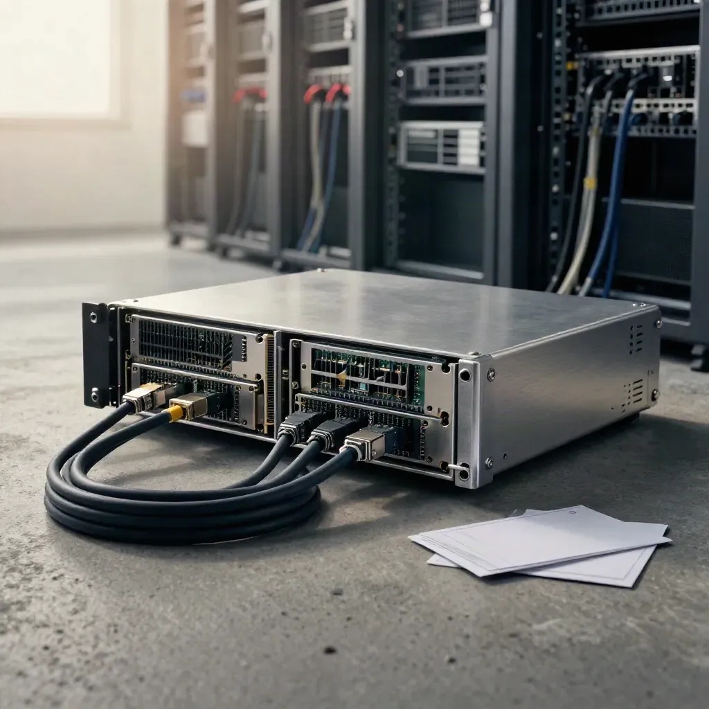 Server chassis with SSD sleds, braided cable coil, and audit cards on a concrete plinth.