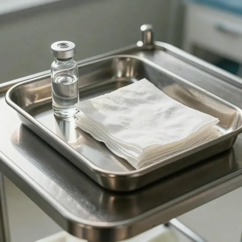 Stainless medical tray, glass vial and gauze squares on a clinical steel surface.