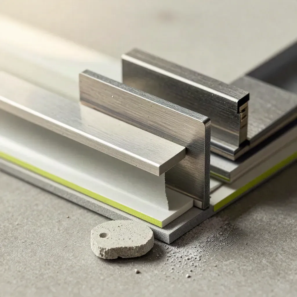 Close-up of industrial corner brackets, concrete chip, and edge strips on a grey slab.