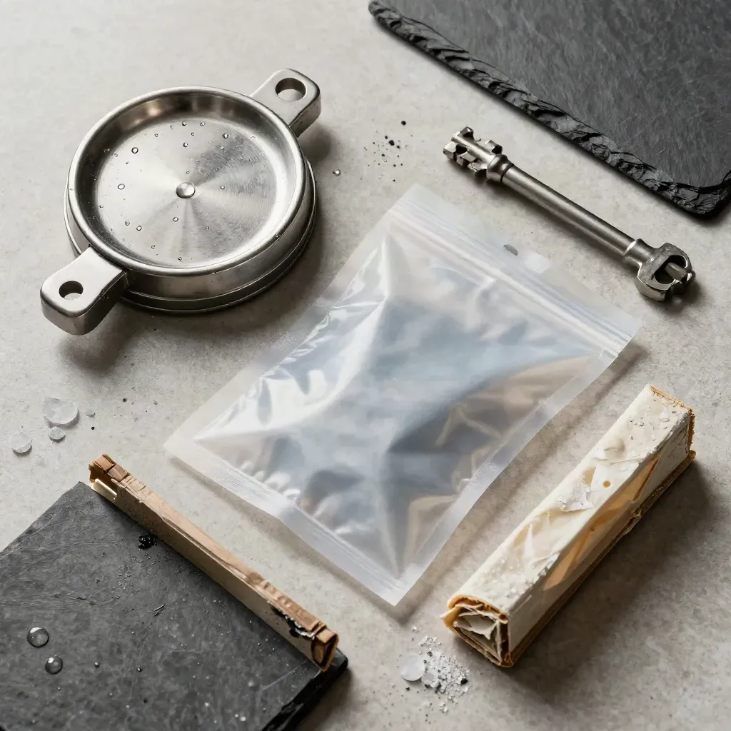 Top-down seafood quality-control still life with stainless puck, sample pouch, and waxed crate corners.