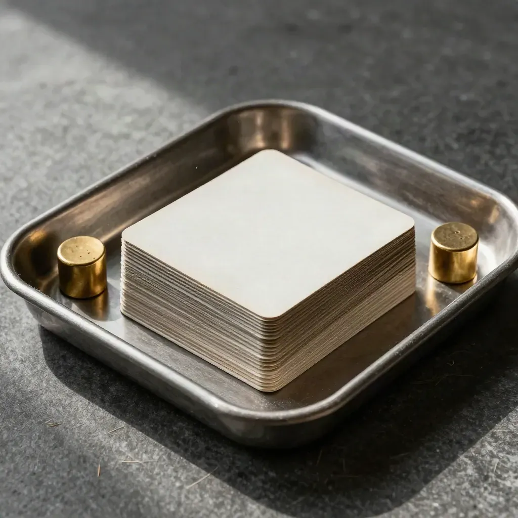 Top-down macro of a steel tray, brass weights, and face-down cards on graphite stone.
