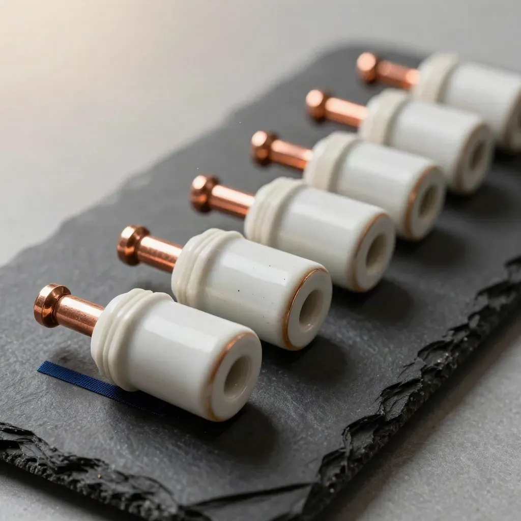 Top-down still life of fuse bodies, copper lugs and a connector block on dark slate