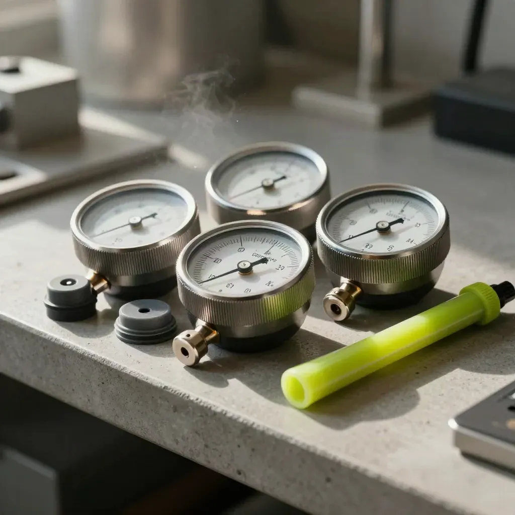 Brushed dial gauges and datalogger pucks on a concrete shelf with a lime marker.