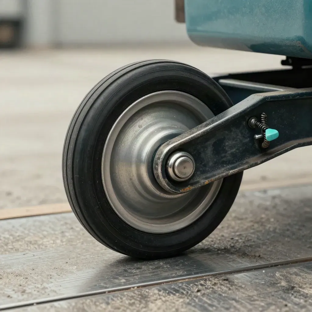 Trolley wheel assembly with latch and bumper on brushed metal, accented teal.