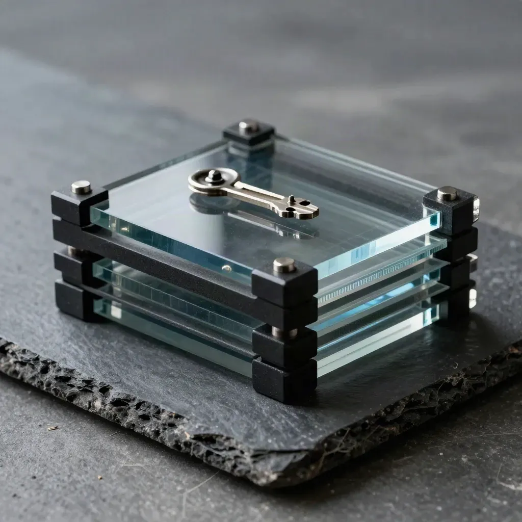 Acrylic tiles and spacer blocks forming a precise data-grid arrangement on graphite stone.