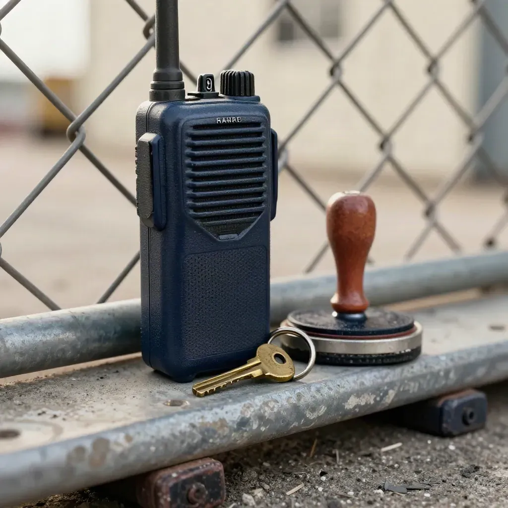 Macro of a navy radio, dock key and rubber stamp behind chain-link at a loading bay