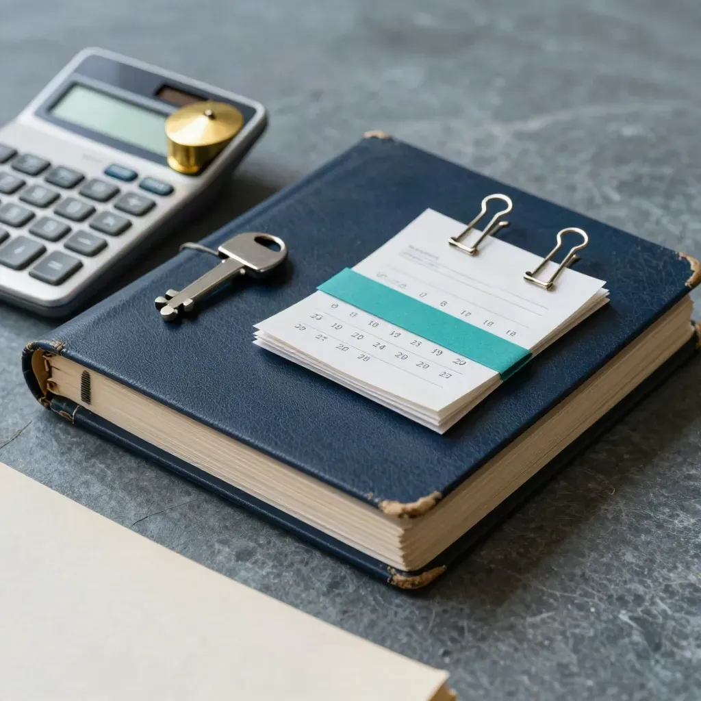 Top-down finance still life with binder, calculator, paperweight, and receipt clips on stone