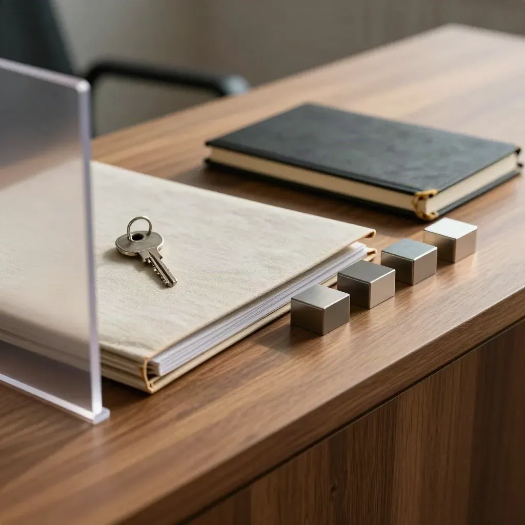 Sealed briefing folder, keyring, notebook and metal sample blocks on an oak sideboard.