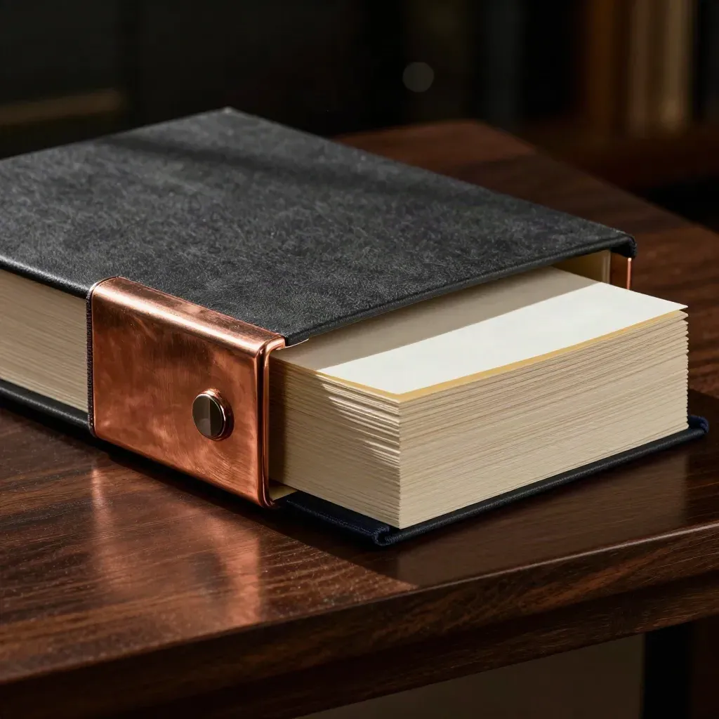 Copper paperweight, archive binder and stacked cards on walnut in dramatic studio light.