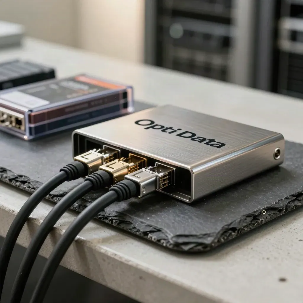 Patch leads, drive dock and sealed data cartridges on a slate stone slab in a server bay.