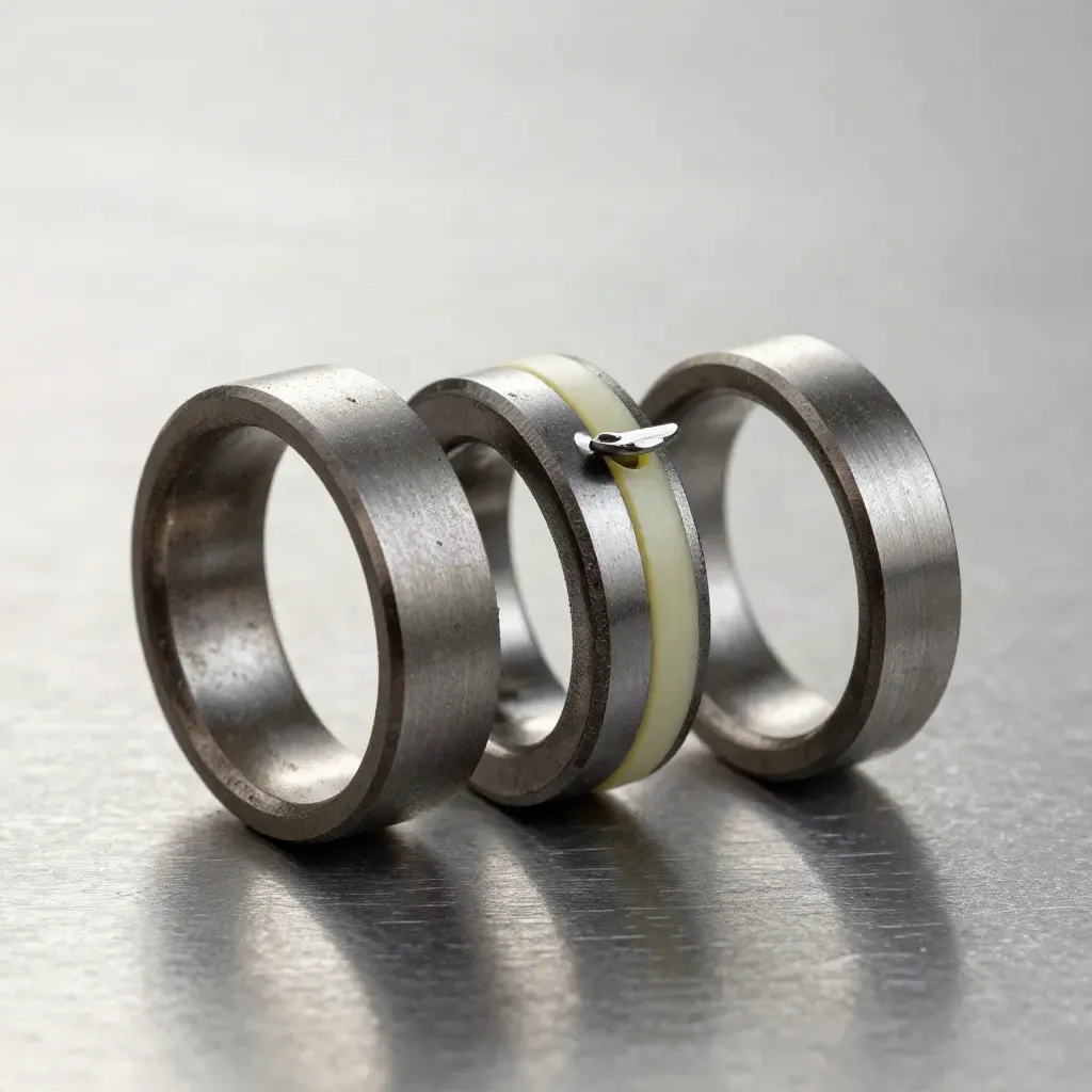 Macro view of interlocking metal rings, spacer blocks and a pin on brushed steel with a lime accent.