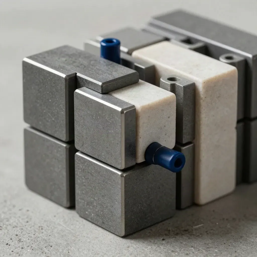 Extreme macro of graphite cubes, pegged connectors, and a navy ferrule on concrete