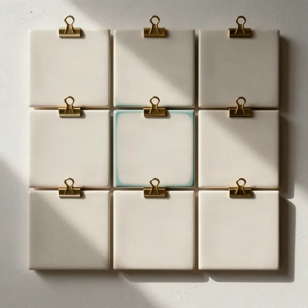 Top-down ceramic tiles clipped on plaster, with brass and a muted teal accent.